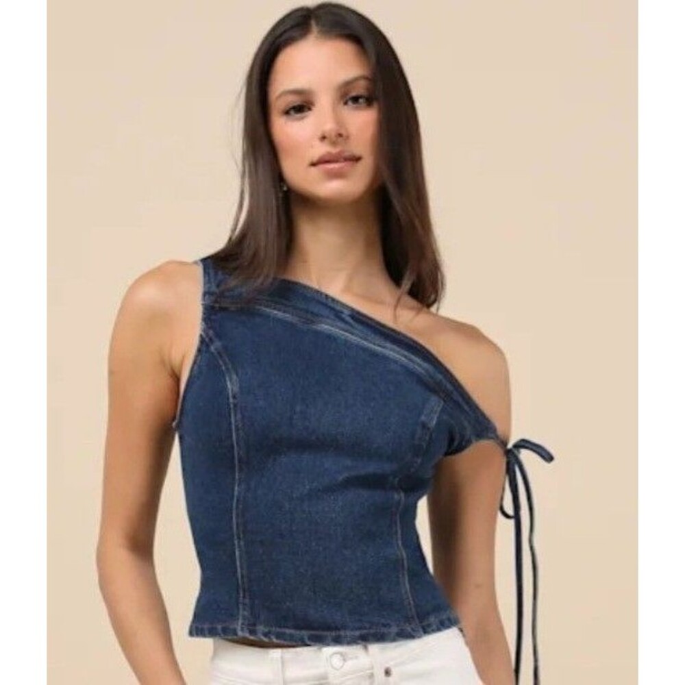 LULUS Lemi Dark Wash Denim Side Sz S Zipper Off-the-Shoulder Tie Top NWT